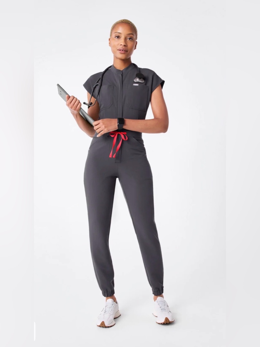 Figs Rafaela Cargo ScrubJumpsuit in Charcoal Onesie Jumpsuit Red Tie